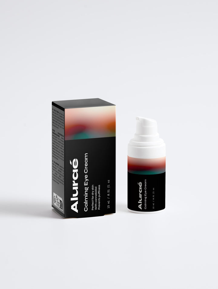 Beruhigende Augencreme von Aluraé in Box, ideal für entspannte, strahlende Augen mit 1% Cannabidiol.